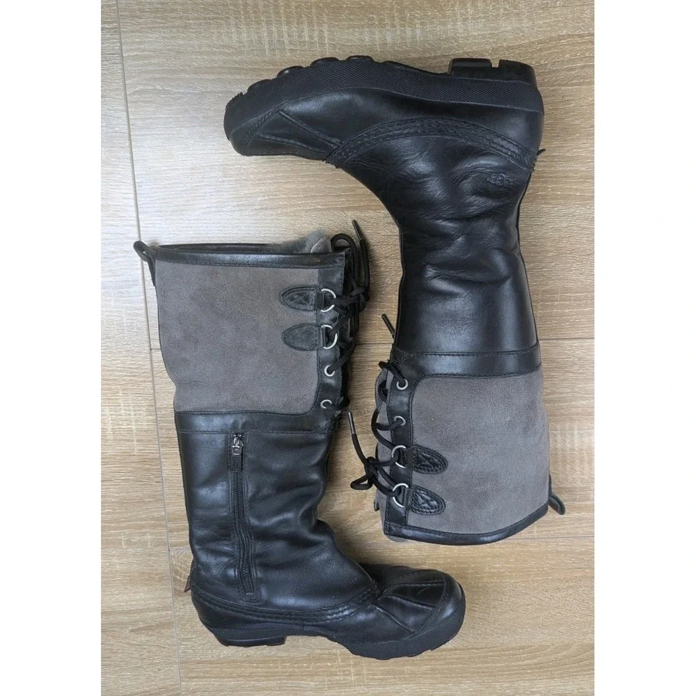 Ugg Belcloud US 6 Sheepskin Shearling Lined Black Gray Leather Duck‎ Boot